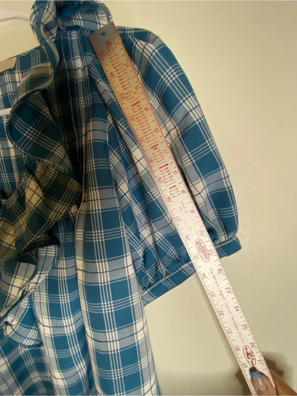 LOFT Teal and White Plaid Ruffle V-Neck Puff Sleeve Blouse